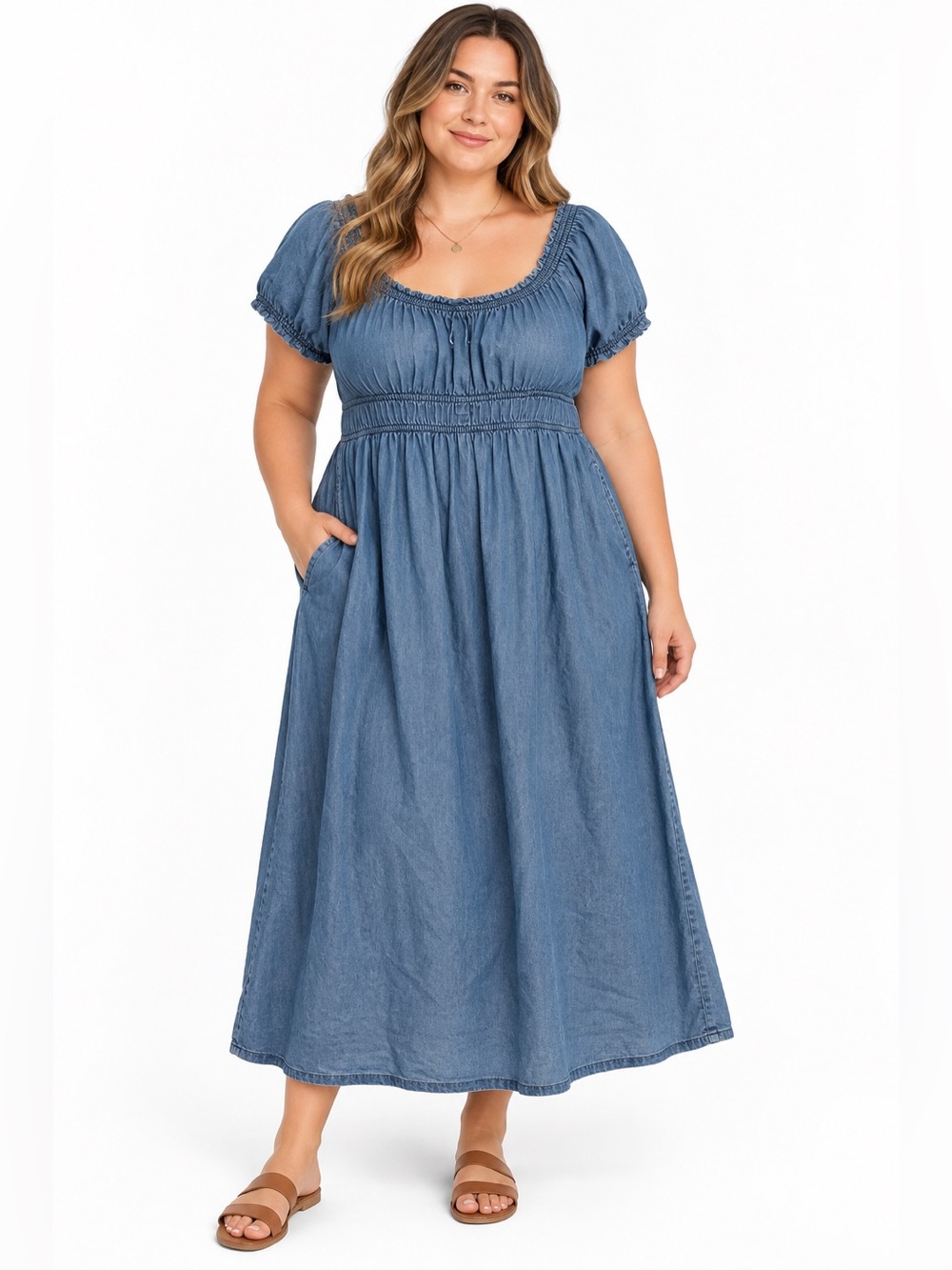 JFW Dress Womens 2X Blue Chambray Denim Look Midi Peasant Cottagecore Prairie